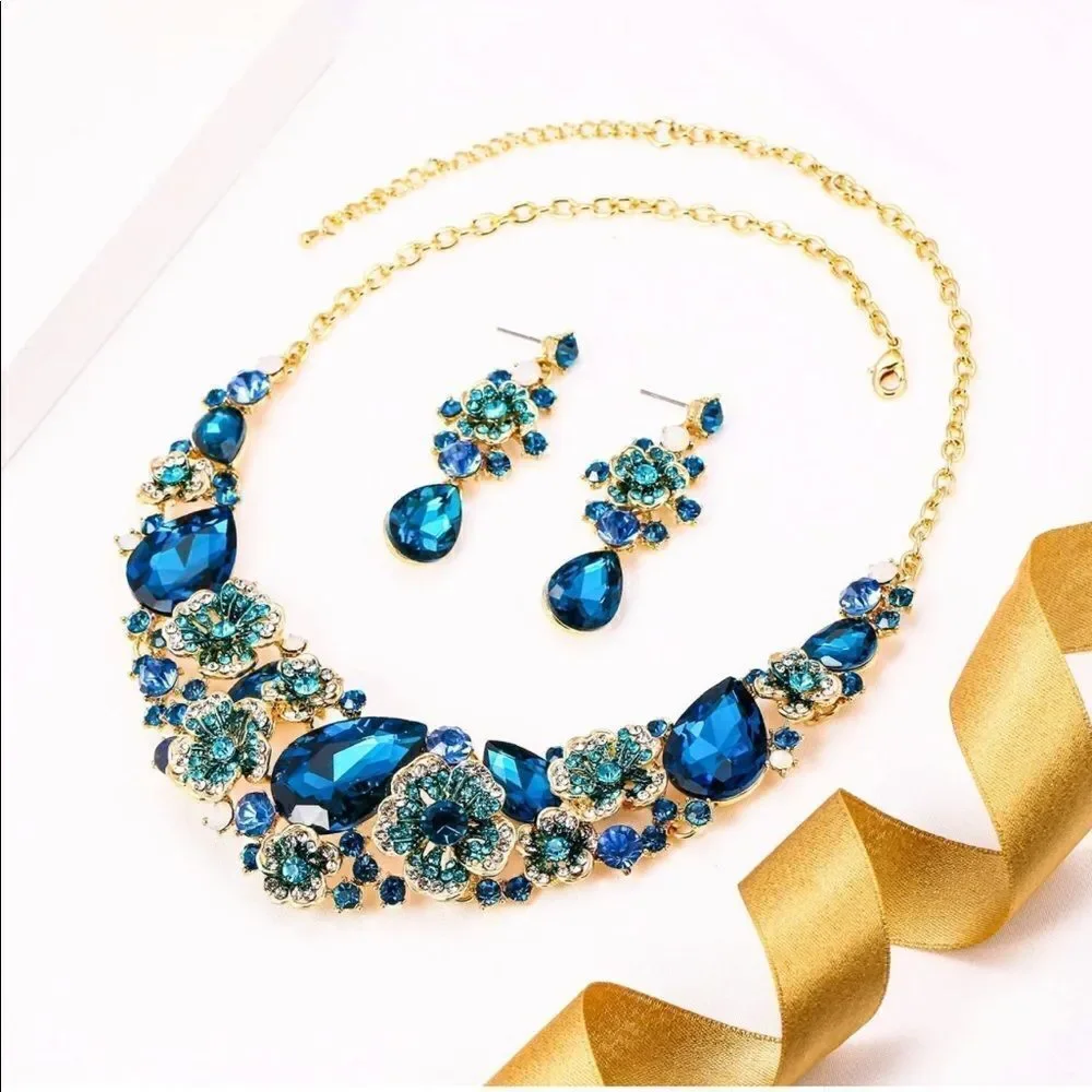 Yellow Gold & Sapphire Blue Austrian Crystal Camellia Necklace and Earrings Set